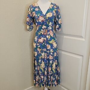 Anthropologie Sunday Mi Amor Blue Floral Midi Dress Sz M